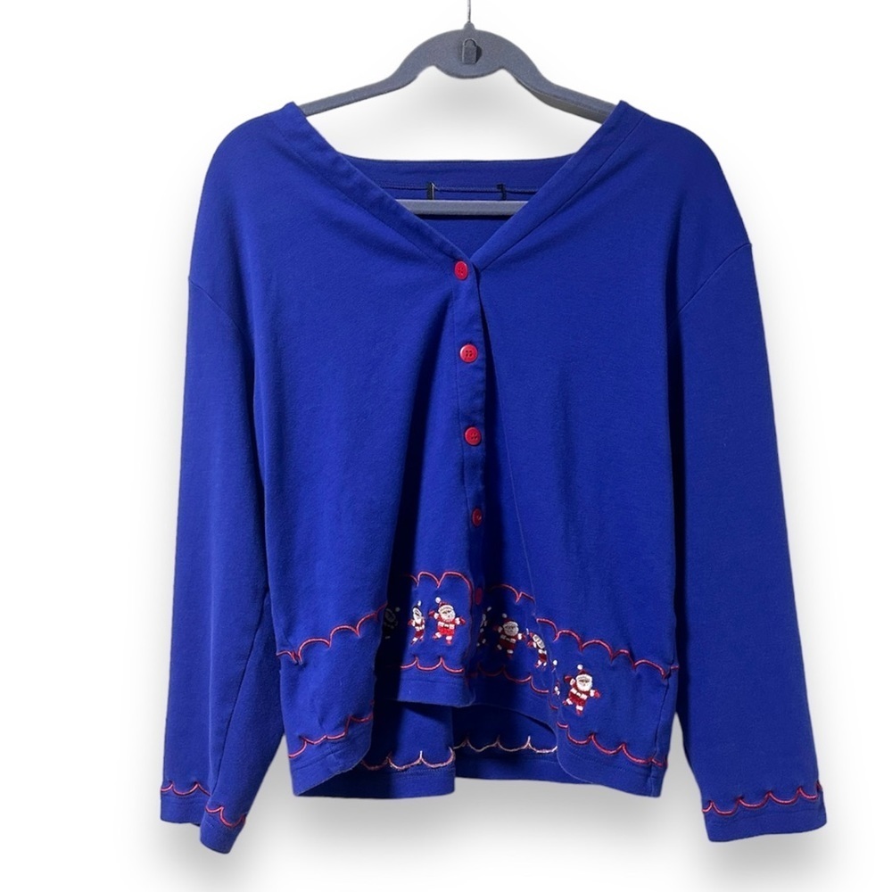 Blue Santa Embroidered Cardigan V-Neck Button Front Women’s Size Large Holiday